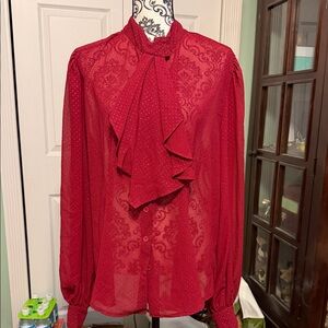 Unique Vintage Red Ruffle Gold Dot Blouse